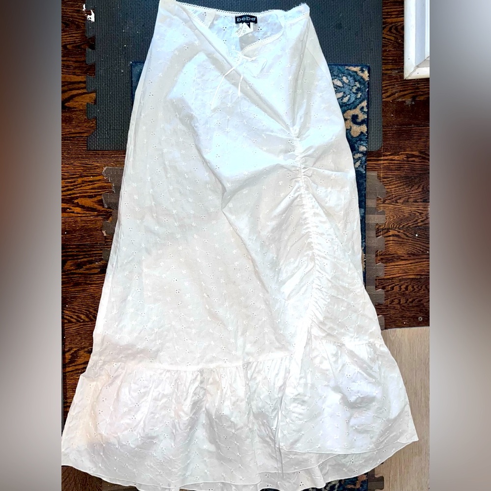 Vintage bebe long skirt, white eyelet cut out sz S-ruched side drawstring